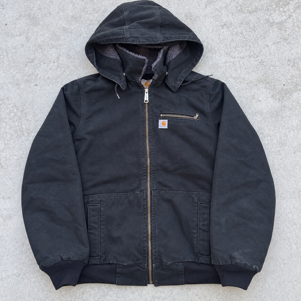 Carhartt WIldwood Black Sherpa Lined Canvas Hooded Active Jacket Large 12/14